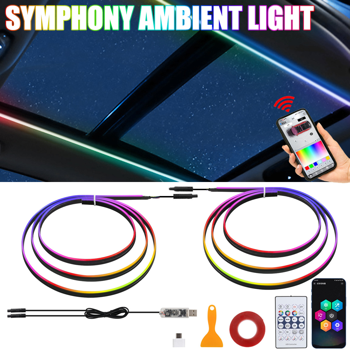 Rgb Underglow Strip - LED-Dachfenster, Auto-Schiebedach, Umgebungslichter, Symphonie, RGB-Innenraum, Acrylstreifen,
