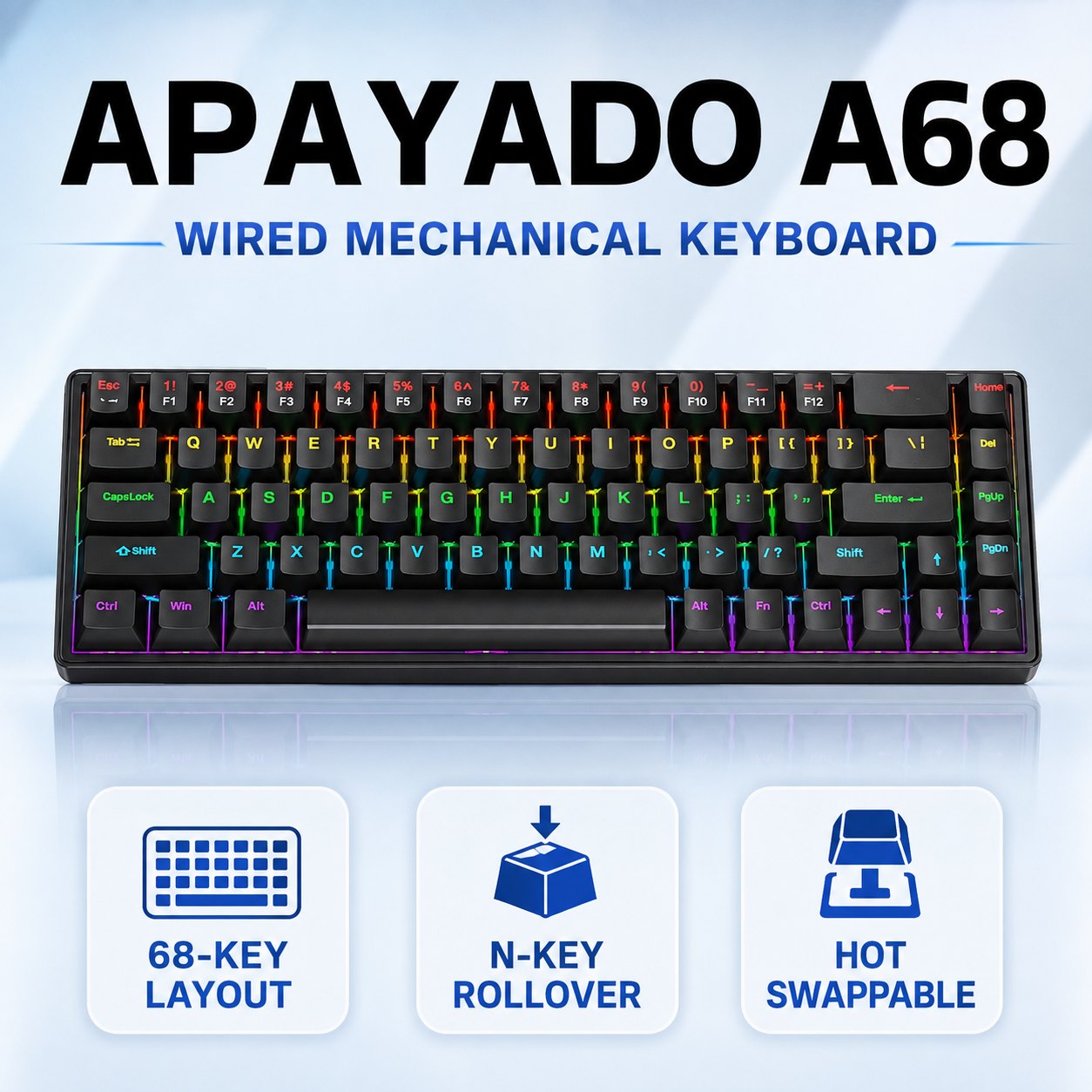 Gaming Keyboard Blue Switches - APAYADO A68 Kabelgebundene Mechanische Tastatur, Hot-Swappable,