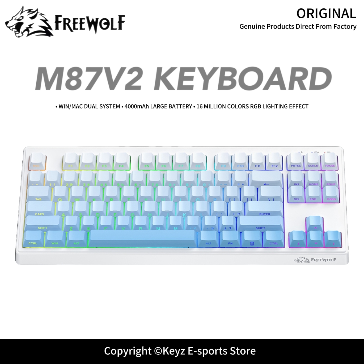 Keyboard Gaming Transparent - Tri-Mode Gaming-Tastatur FREEWOLF M87V2 4000mAh Super-Akkulaufzeit