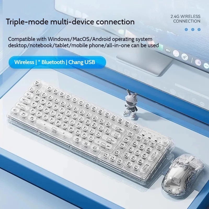 Keyboard Gaming Transparent - Transparentes Eiskristall Kabelloses Bluetooth Tastatur-Maus-Set Geräuschlos